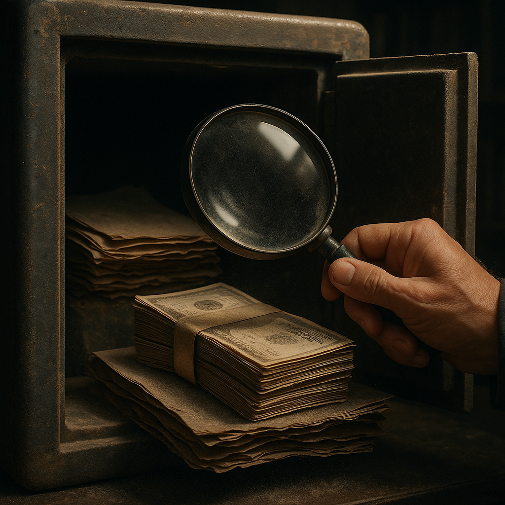 금고 안에 오래된 서류와 함께 방치된 현금 다발