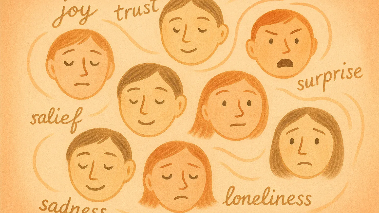 다양한 감정을 나타내는 얼굴 표정들과 감정 단어들이 적힌 따뜻한 색감의 인포그래픽