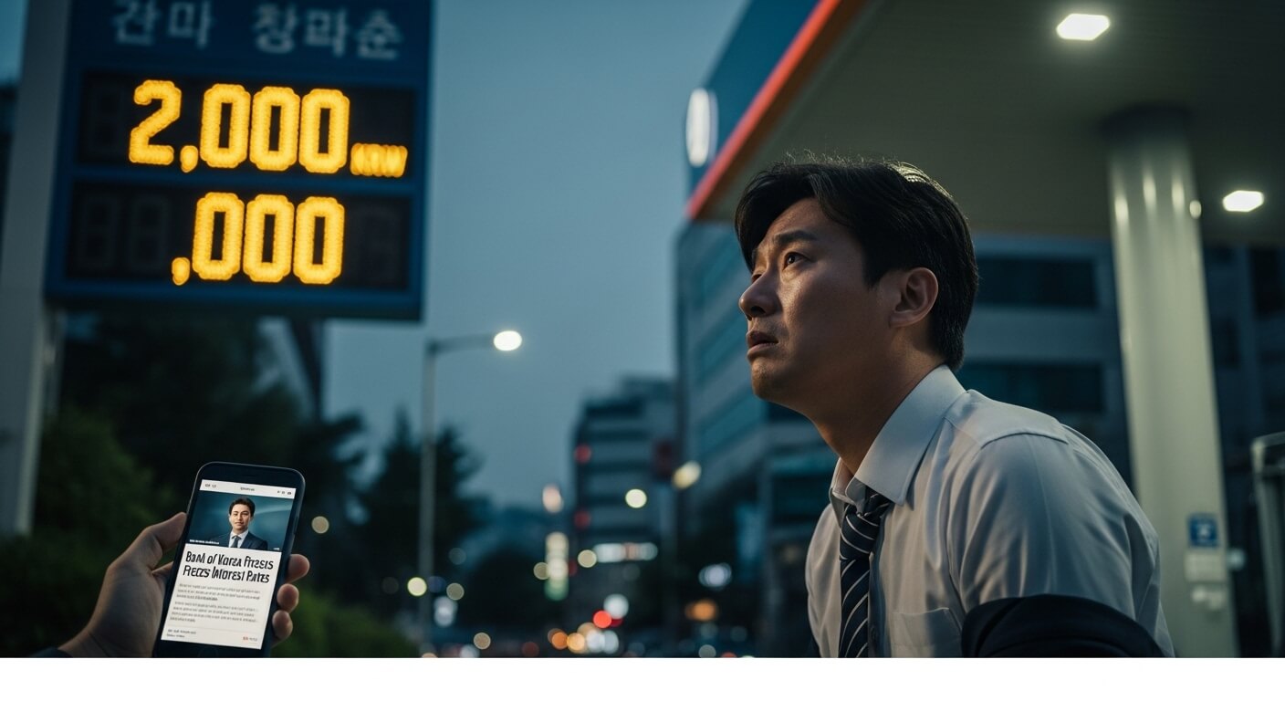기름값 2,000원 돌파와 한국은행 기준금리 동결 소식에 한숨 짓는 서민 경제의 모습