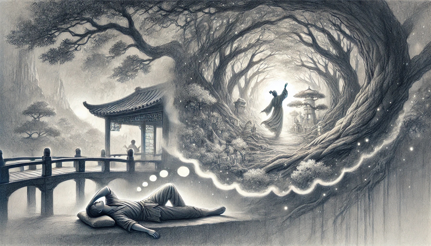 나무 아래에서 꿈을 꾸는 남자의 모습을 그린 연필 드로잉. 꿈속에서 그는 부귀영화를 누리지만, 흐릿하고 몽환적인 분위기가 덧없는 인생의 상징을 강조