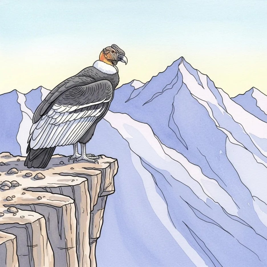 절벽에 앉아 주변을 조망하는 안데스콘도르의 모습.