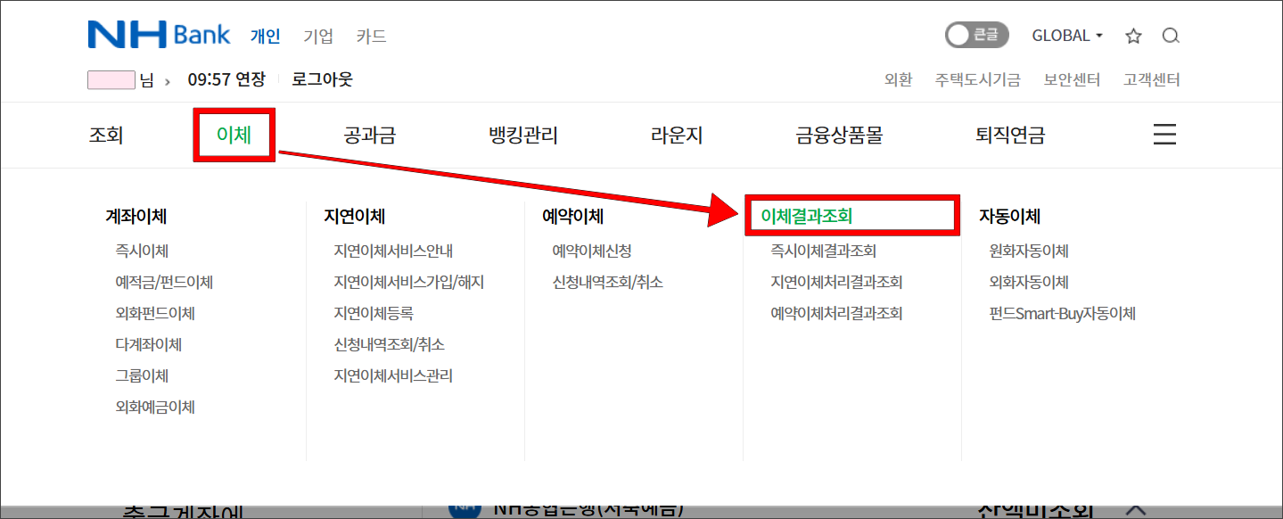 농협 인터넷뱅킹의 이체 메뉴에서 '이체결과조회'를 선택