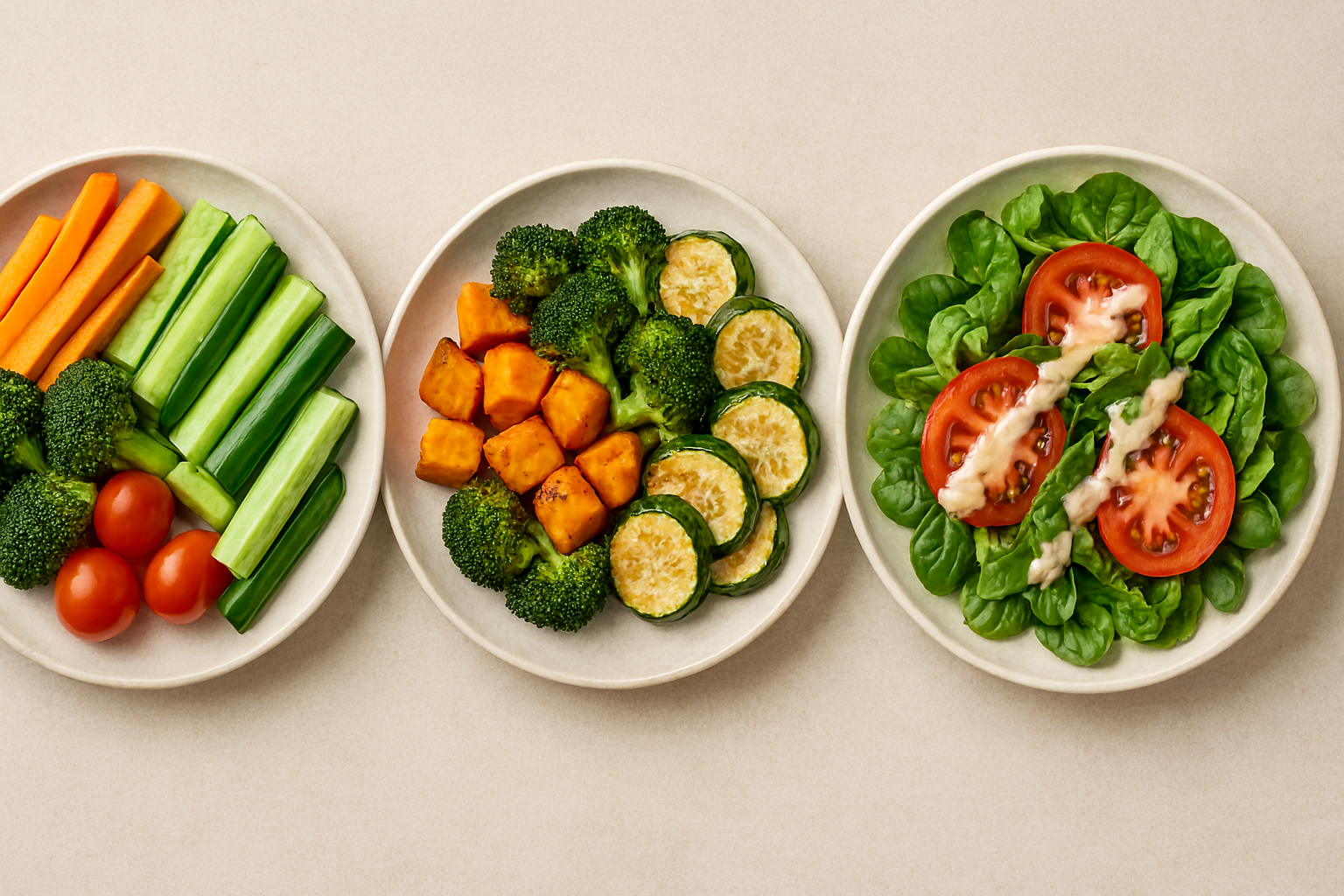 생채소와 익힌 채소가 함께 구성된 균형 잡힌 한 끼 식단 이미지