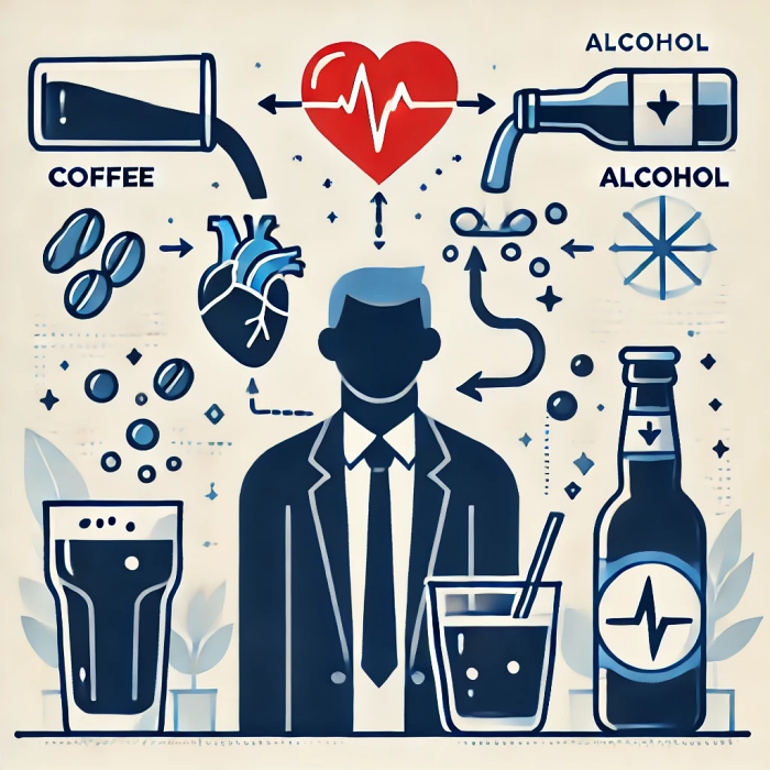 커피를 마시는 사람과 알코올을 섭취하는 사람의 모습, 혈압에 미치는 영향을 화살표로 표현.