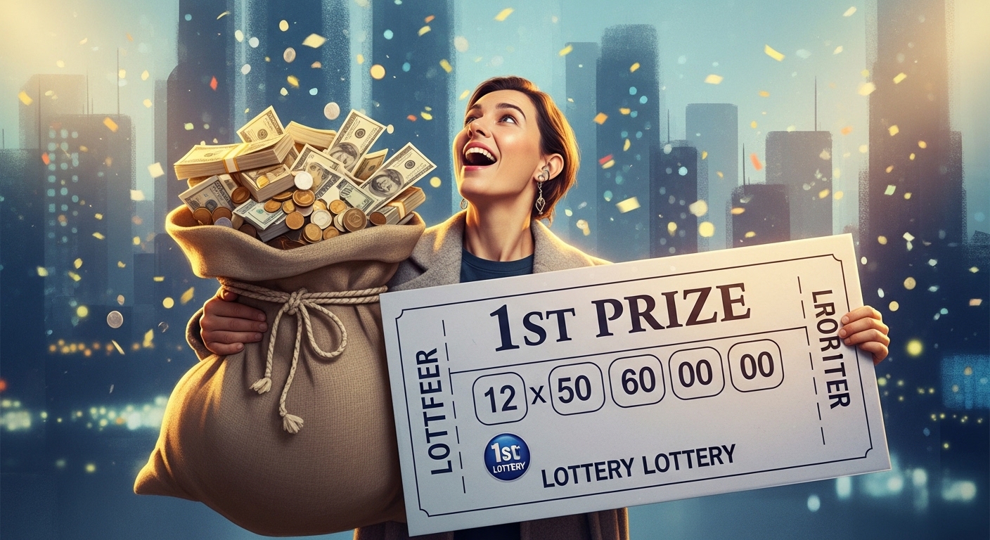 로또 1등 당첨자가 현금 다발과 거대한 복권을 들고 환하게 웃고 있는 모습. 도시 풍경을 배경으로 행복하고 꿈같은 분위기가 연출됩니다.