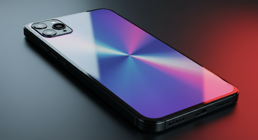 Premium smartphone reflecting gradient light on glossy surface symbolizing modern technology