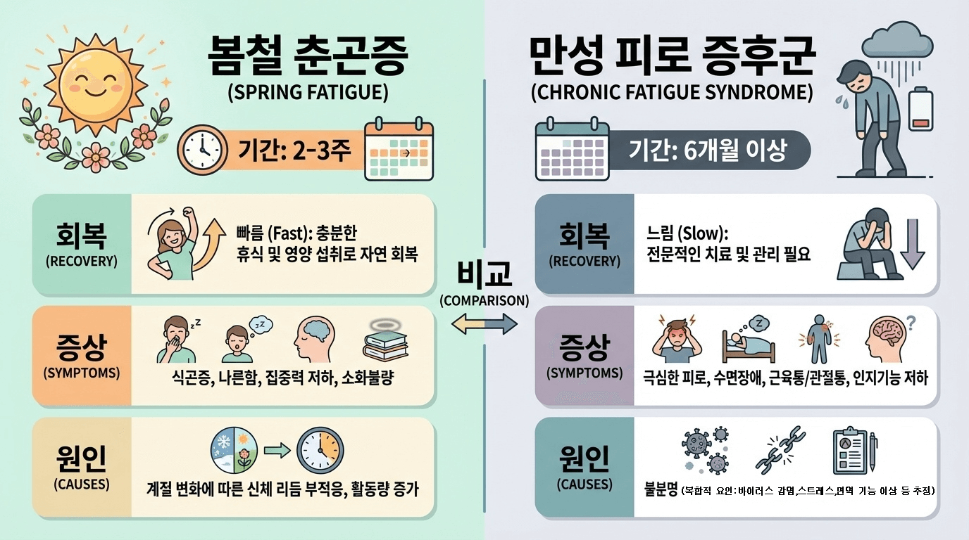 봄철 춘곤증과 만성피로 구분 가이드 인포그래픽