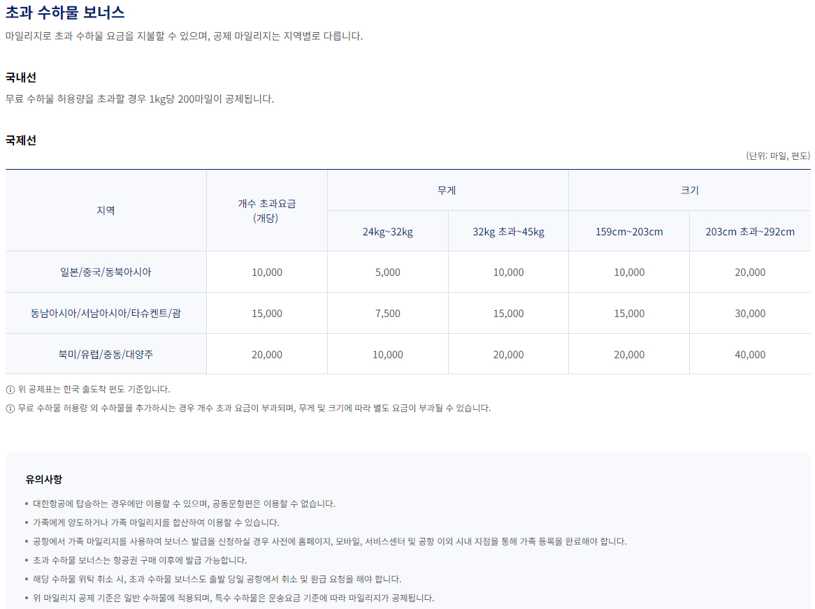 대한항공 마일리지 사용 초과 수하물 보너스 이용안내
