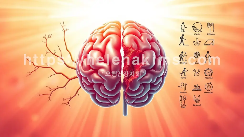 뇌의 한쪽에는 알츠하이머 치매를 상징하는 세포 손상 이미지를, 다른 쪽에는 건강한 생활 습관(규칙적인 운동, 균형 잡힌 식단 등)을 나타내는 미니멀한 아이콘들을 배치. 뇌 건강 관리의 중요성과 예방 가능성을 강조하는 이미지.