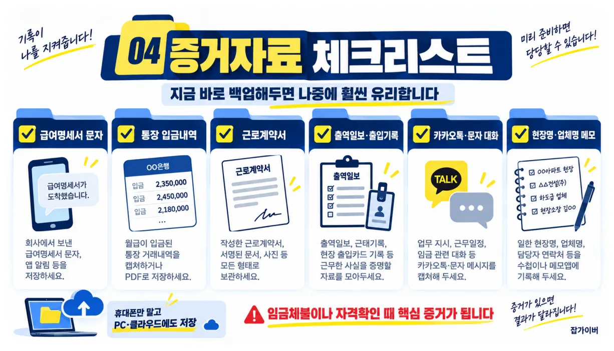 건설일용직 4대보험 미납 시 급여명세서 출역일보 증거자료 체크리스트