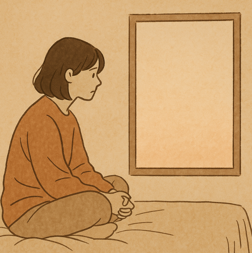 공허한 표정의 여성이 창밖을 바라보고 있는 모습의 일러스트