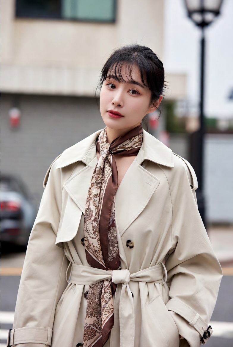긴 트렌치코트 사이로 길게 늘어뜨린 롱 스카프 코디