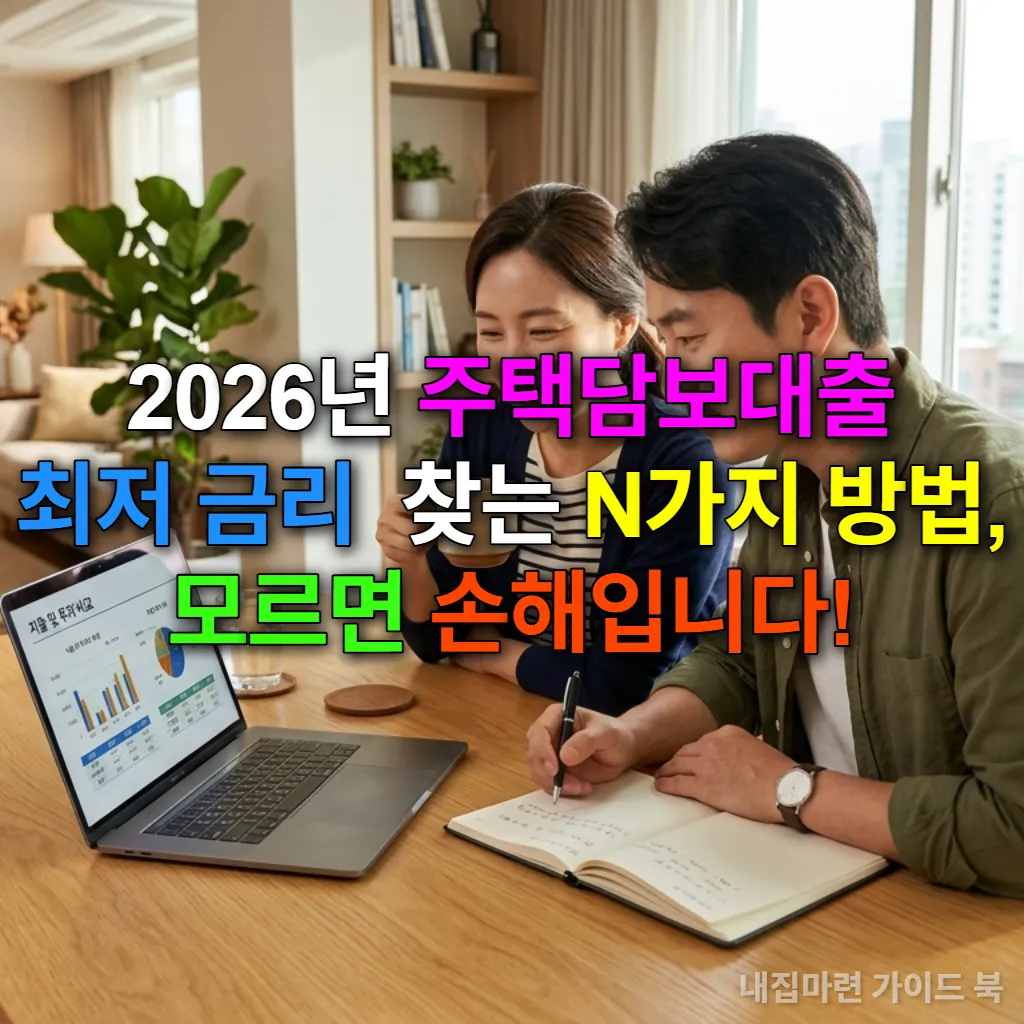 거실 테이블에 앉아 노트북으로 주택담보대출 금리를 비교하는 한국인 부부