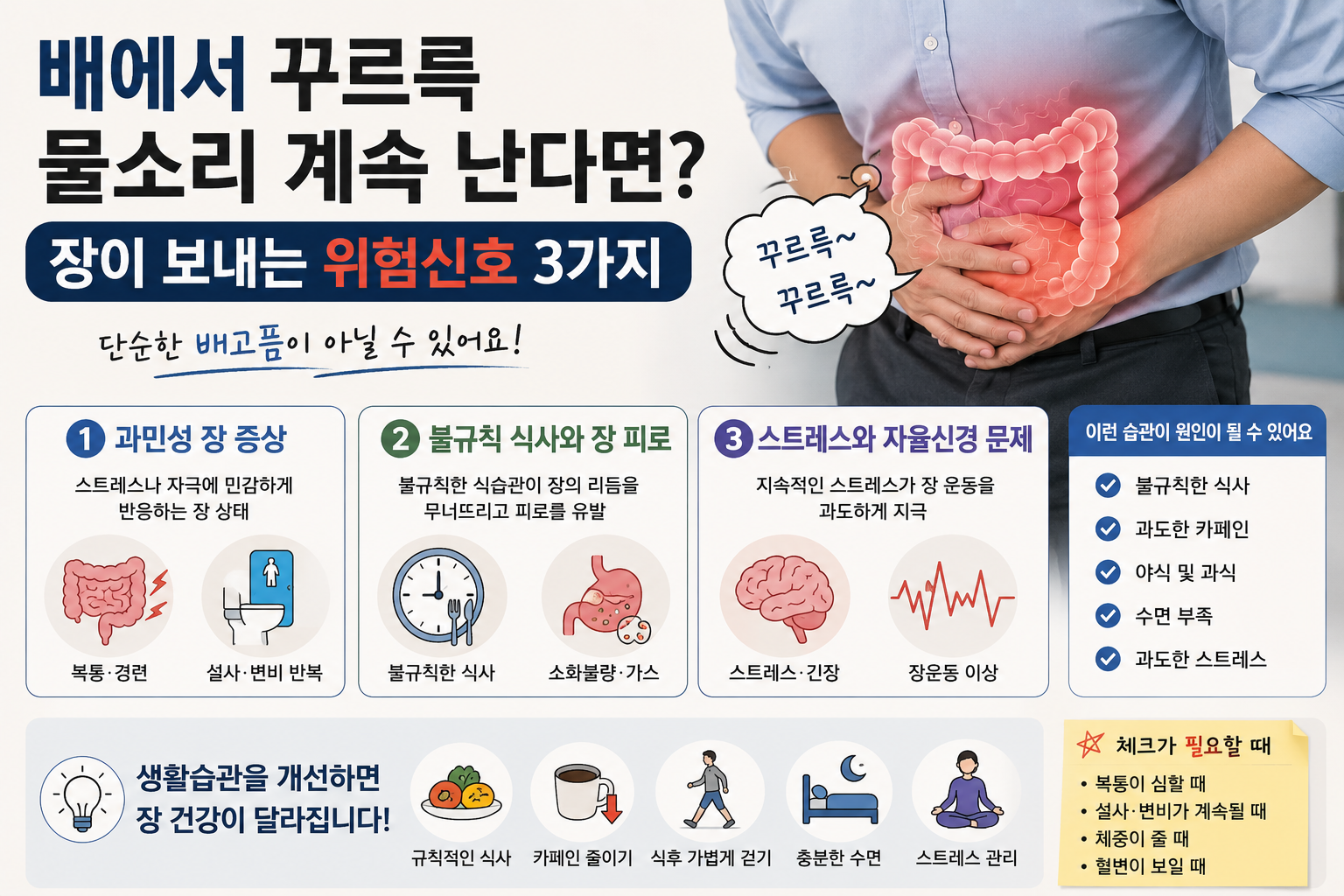 배에서 꾸르륵 물소리 계속 나는 이유 설명 건강 이미지