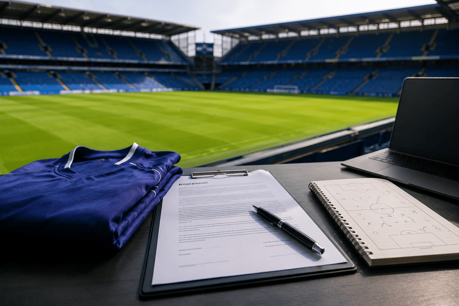 축구 경기장을 배경으로 선수 영입 계약서와 유니폼이 놓여 있는 모습