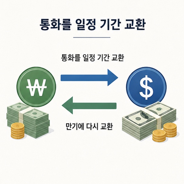 통화 스와프가 서로 다른 통화를 일정 기간 교환하고 만기에 다시 되돌리는 계약임을 설명한 이미지
