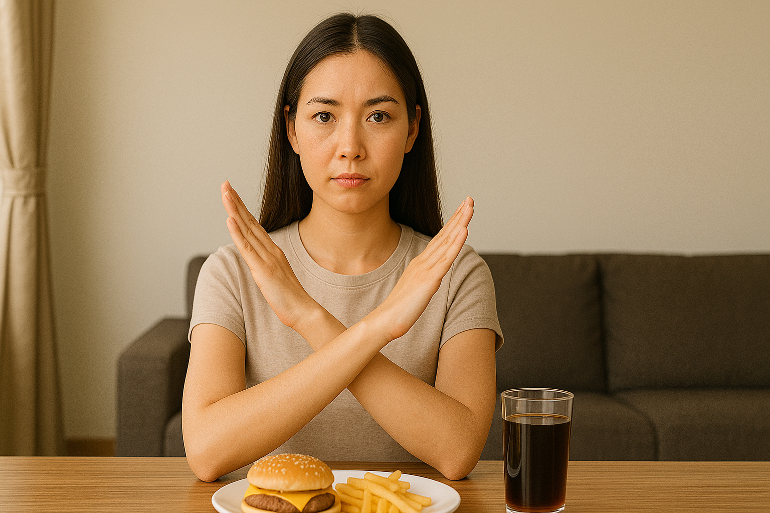 패스트푸드 앞에서 두 팔을 교차하며 단호하지만 차분한 표정으로 거절 의사를 표현하는 여성 사진