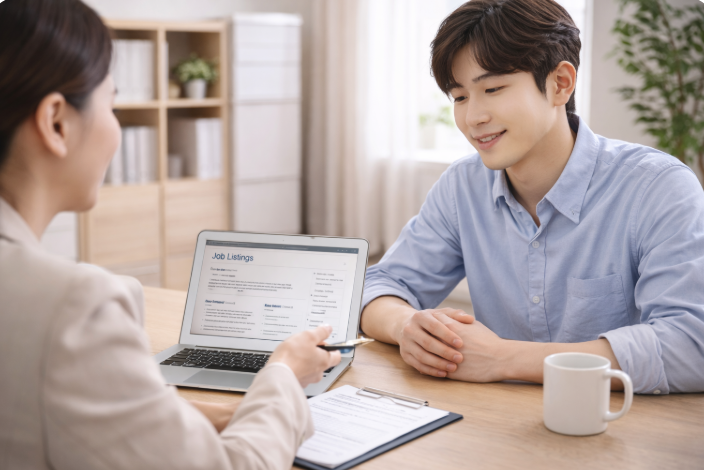 청년 구직자가 상담사와 취업 지원 프로그램 상담을 진행하는 모습