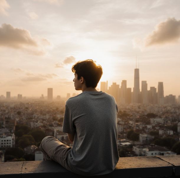 높은 건물 옥상 위에서 도시 전경을 바라보며 생각에 잠긴 젊은 사람의 뒷모습