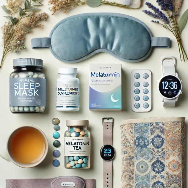 하얀 배경 위에 수면 회복을 위한 수면 안대, 허브티, 멜라토닌, 수면 추적기가 정리된 전문 스튜디오 촬영 사진