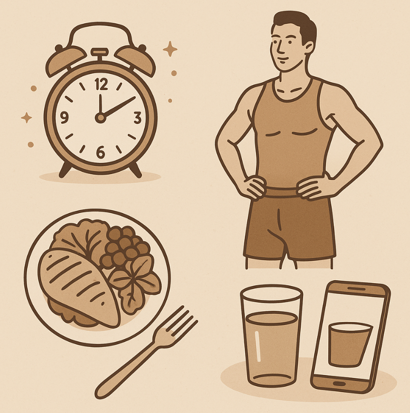 운동복을 입은 남성의 공복 단식 루틴을 보여주는 일러스트