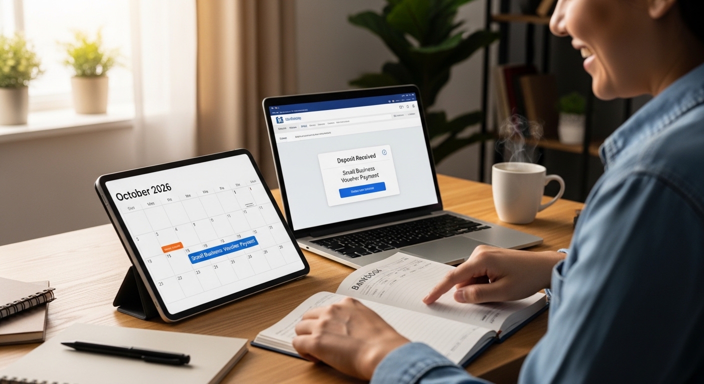 2026년 소상공인 바우처 지급일을 달력과 통장 입금 알림 화면으로 확인하는 자영업자 모습