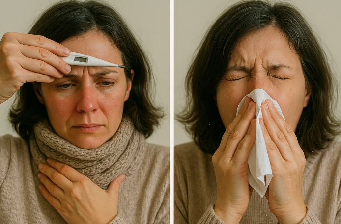 감기로 인해 열이나는 사람과 비염으로 인해 재채기를 하는 사람의 모습