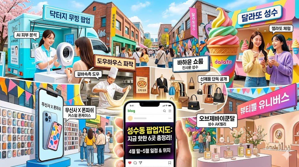 성수동 거리 전경과 닥터지 무빙 팝업, 달라또 디저트 팝업 등 주요 이벤트 안내 포스터