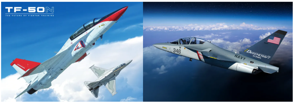 미 해군 훈련기 사업에 참여할 대상 기종의 랜더링 모습. KAI의 TF-50N(왼쪽)과 레오나르도사의 M-346N(오른쪽)