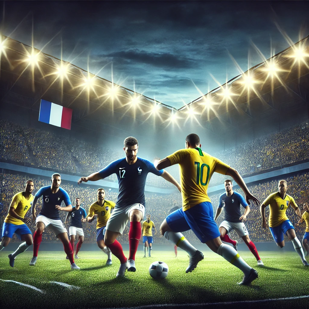 프랑스 축구 국가대표 선수들과 브라질 축구 국가대표 선수들이 축구하는 장면