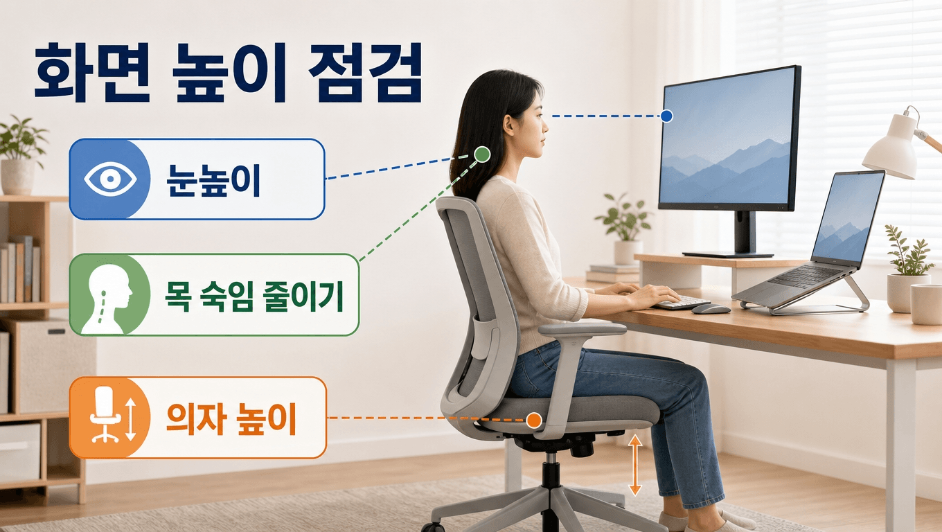 모니터 높이와 노트북 화면 위치를 눈높이에 맞추는 작업 환경