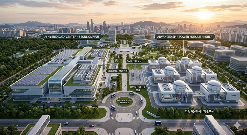 현대적인 디자인의 SMR 모듈이 데이터센터 옆에 설치된 미래형 조감도