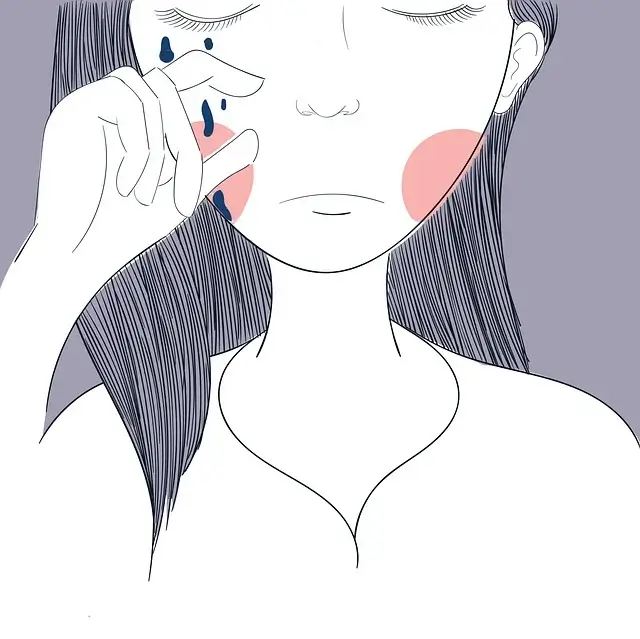 긴 머리카락의 여자가 눈물을 흘리는 삽화