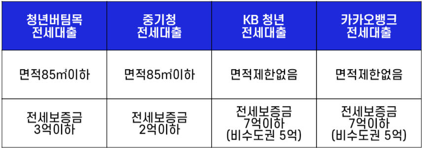 4가지 청년 전세자금대출의 대상주택조건비교를 위해 각각의 조건을 표로 정리한 그림