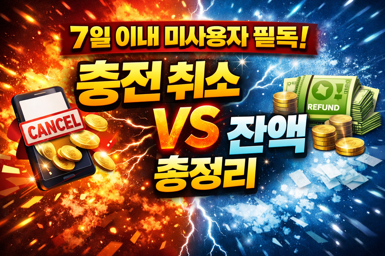 경기지역화폐 충전 취소와 잔액 환불을 비교한 썸네일 이미지, 7일 이내 미사용 전액 환불과 60% 사용 기준 차이를 시각적으로 표현