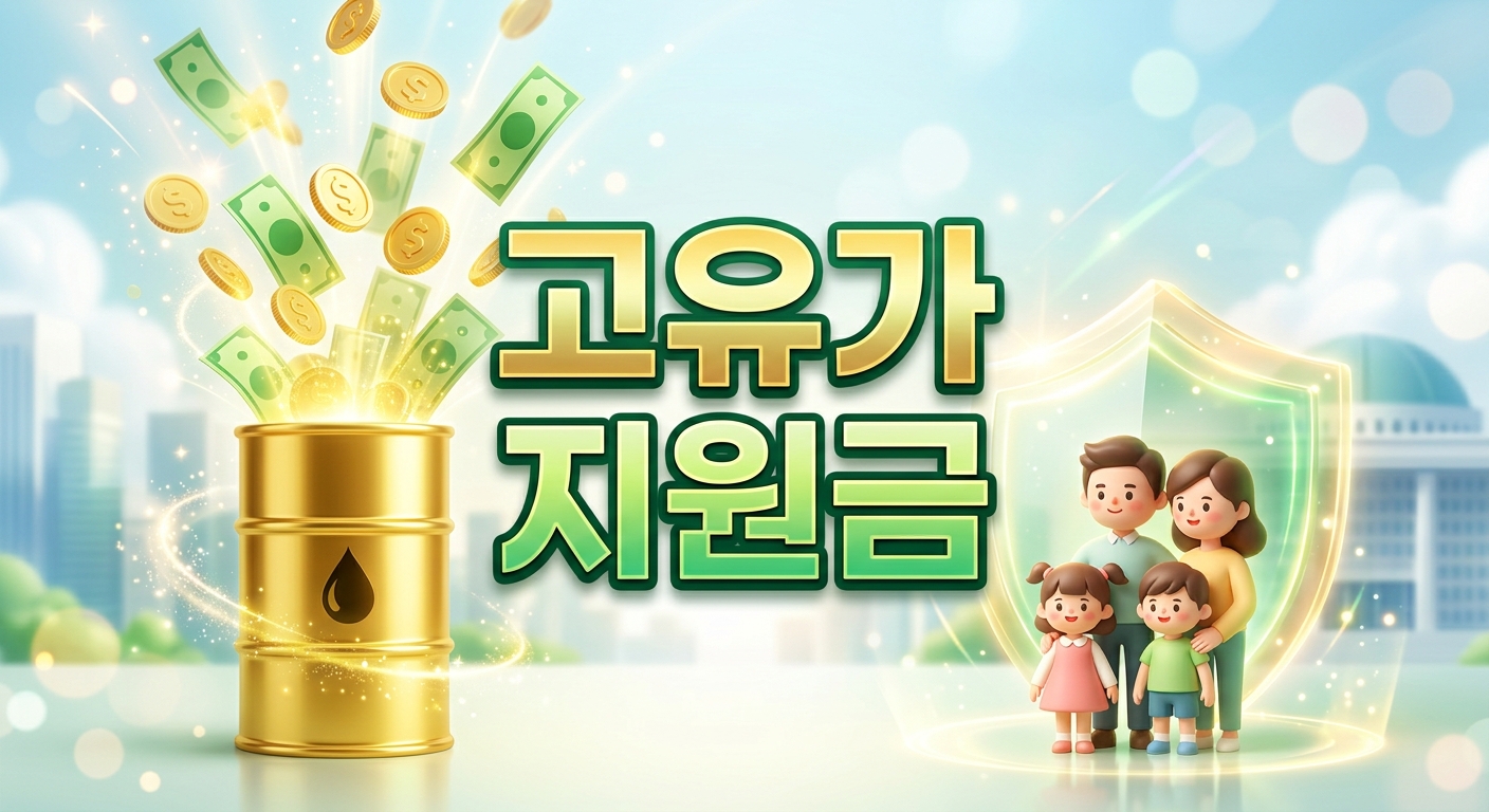 반짝이는 황금색 원유 통에서 금화와 지폐가 쏟아져 나오고 그 옆에서 빛나는 방패가 미니어처 가족을 보호하는 3D 일러스트 배경에, 짙은 그림자와 외곽선으로 선명하게 강조된 '고유가 지원금'이라는 한글 문구가 중앙에 적힌 이미지