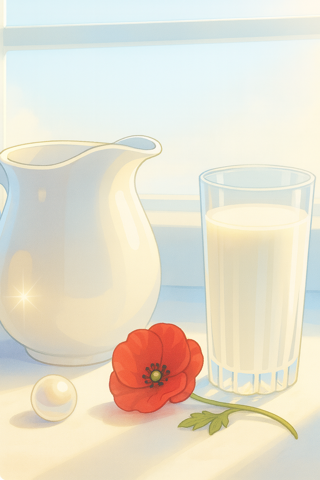 햇살이 비치는 창가에 놓인 유리잔 우유, 흰 진주, 붉은 양귀비꽃, 피부 미용과 보습을 위한 천연 뷰티 재료 – 일본 애니메이션 스타일 일러스트