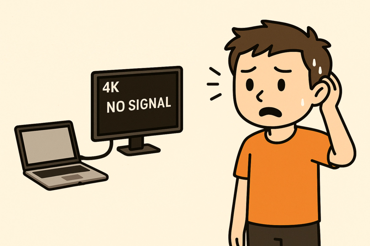 USB-C로 4K 영상 출력이 되지 않아 ‘NO SIGNAL’ 메시지가 뜬 모니터와 혼란스러워하는 사용자