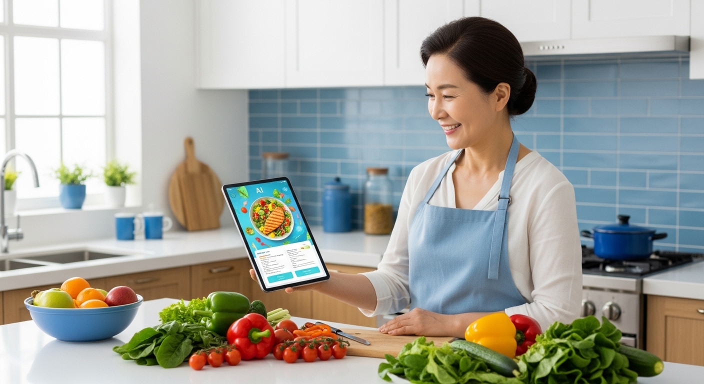 챗GPT가 추천한 건강 레시피를 보며 요리하는 중년 여성. 스마트한 식단 관리를 보여주는 주방 풍경.