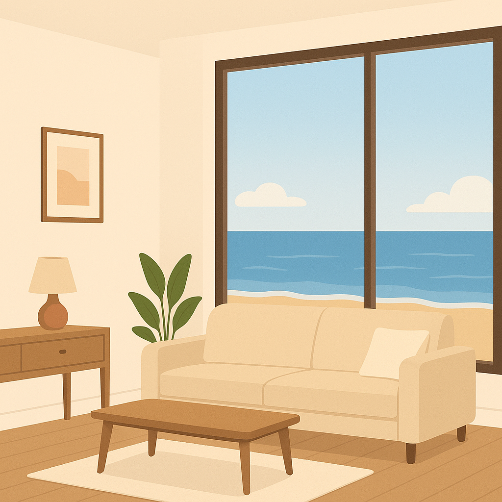 바다가 보이는 큰 창과 베이지톤 소파가 있는 거실 인테리어 일러스트 사진