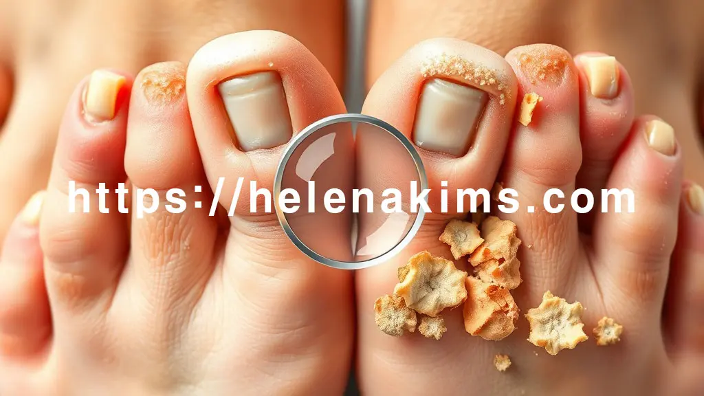 노랗게 변색되고 두꺼워지며 부서지기 시작하는 무좀 발톱 이미지.