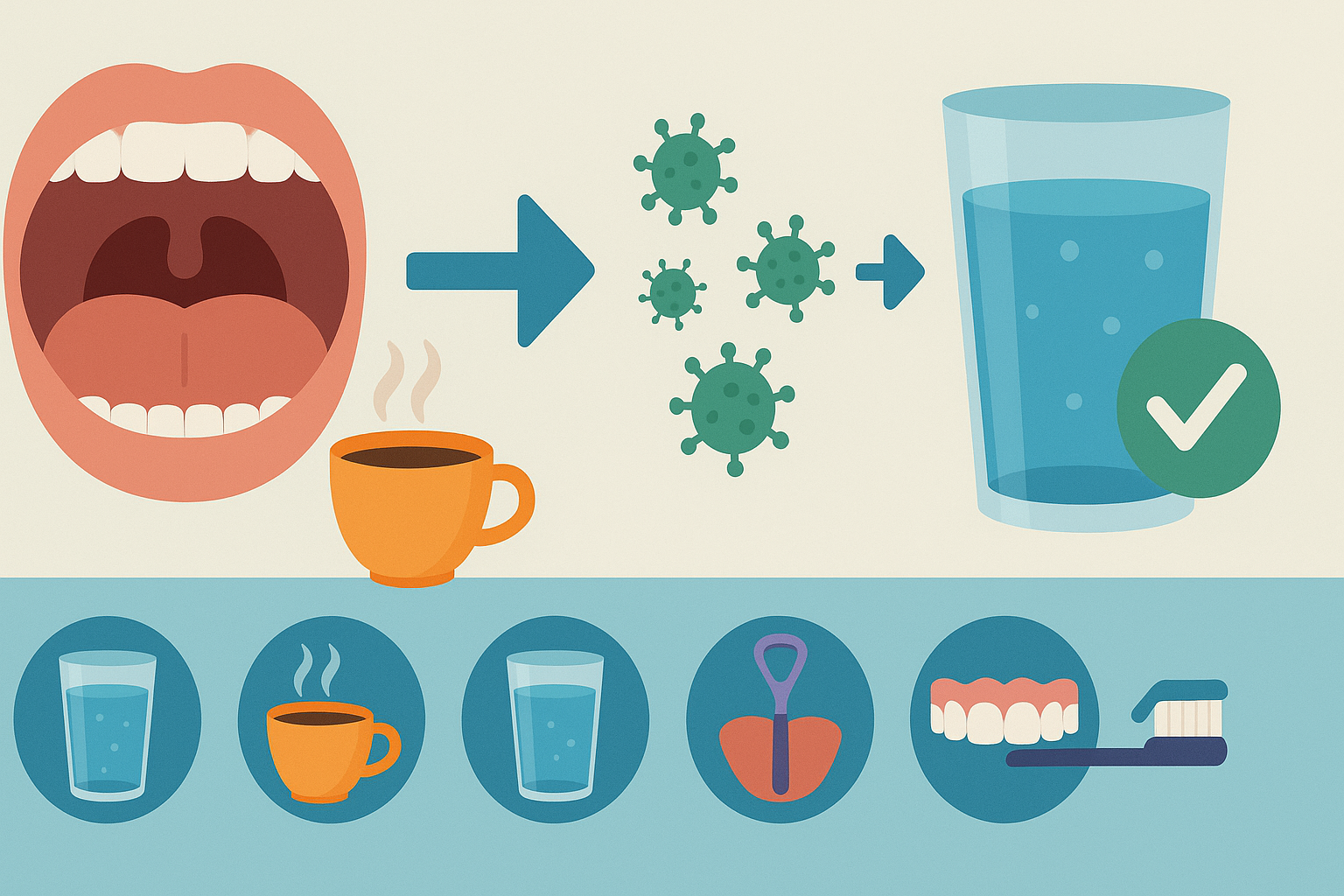 커피 후 물 한 잔으로 입안 세균을 줄이는 과정을 시각적으로 표현한 정보형 일러스트