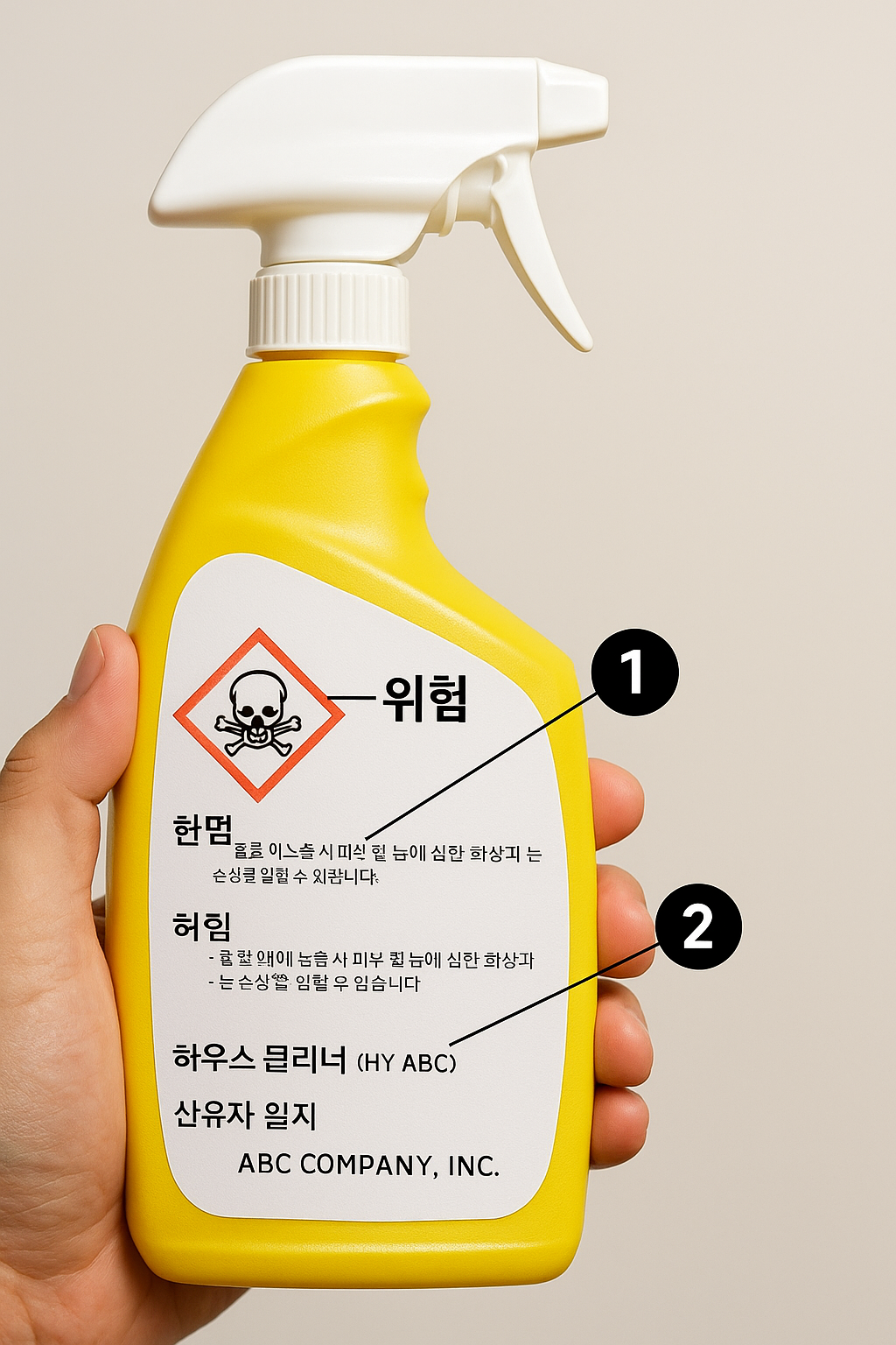 손에 든 세정제 라벨에서 붉은 마름모(피크토그램)와 '위험' 신호어, 예방문구를 3초에 확인하는 방법