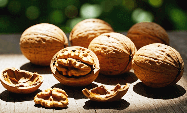 둥그런 호두 6개가 있다. 갈색의 단단한 껍질이 있고 한 개는 껍질이 반이나 까진채 속에 있는 호두가 보인다.