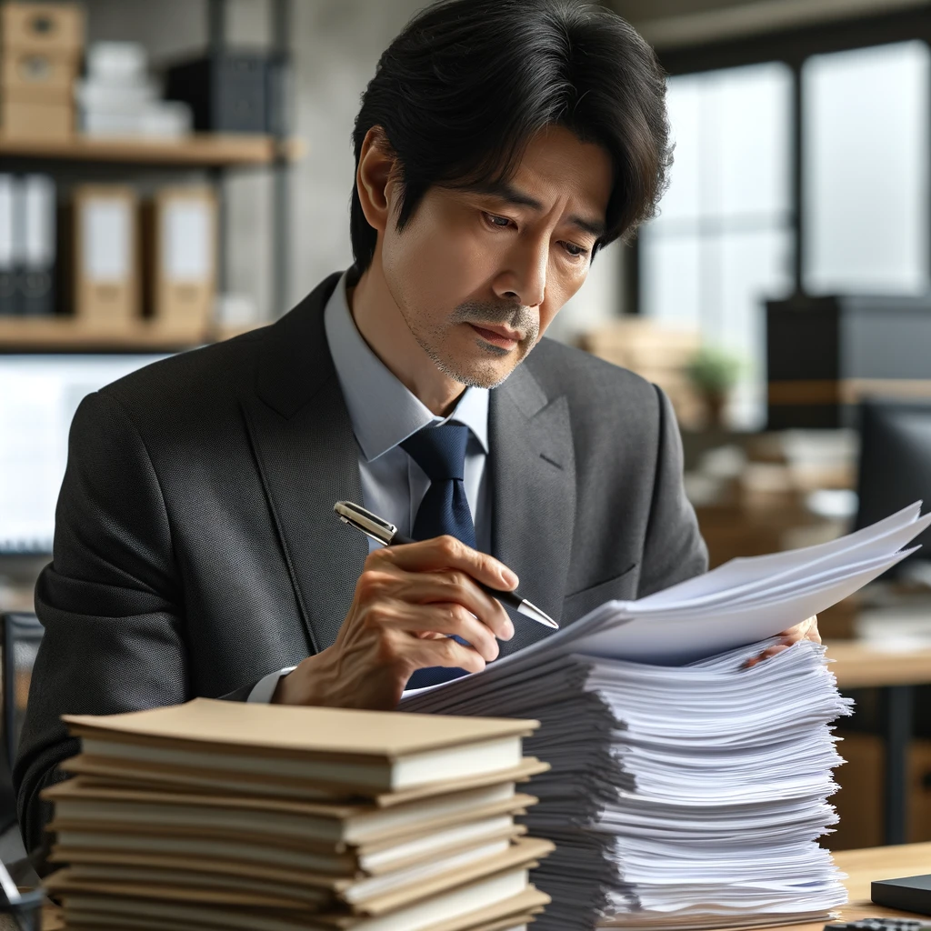 사무실에서 두꺼운 문서를 검토하며 메모를 하는 중년 남성
