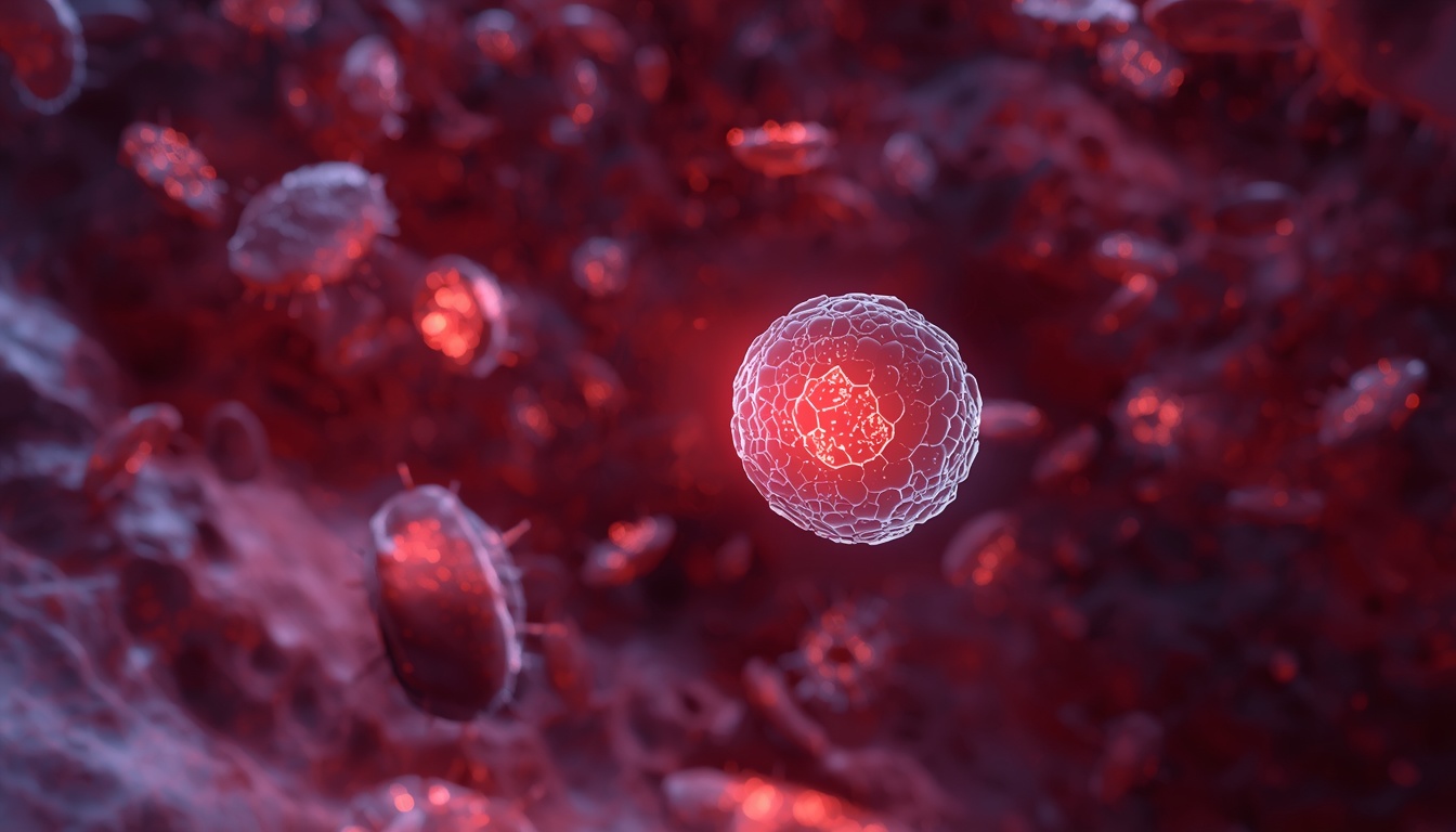Microscopic view of immune killer T cells attacking a targeted cancer cell via specific neoantigen markers.
