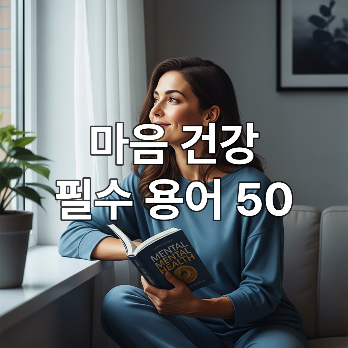 마음 건강을 위한 심리 용어를 공부하며 평온하게 미소 짓는 여성의 모습.