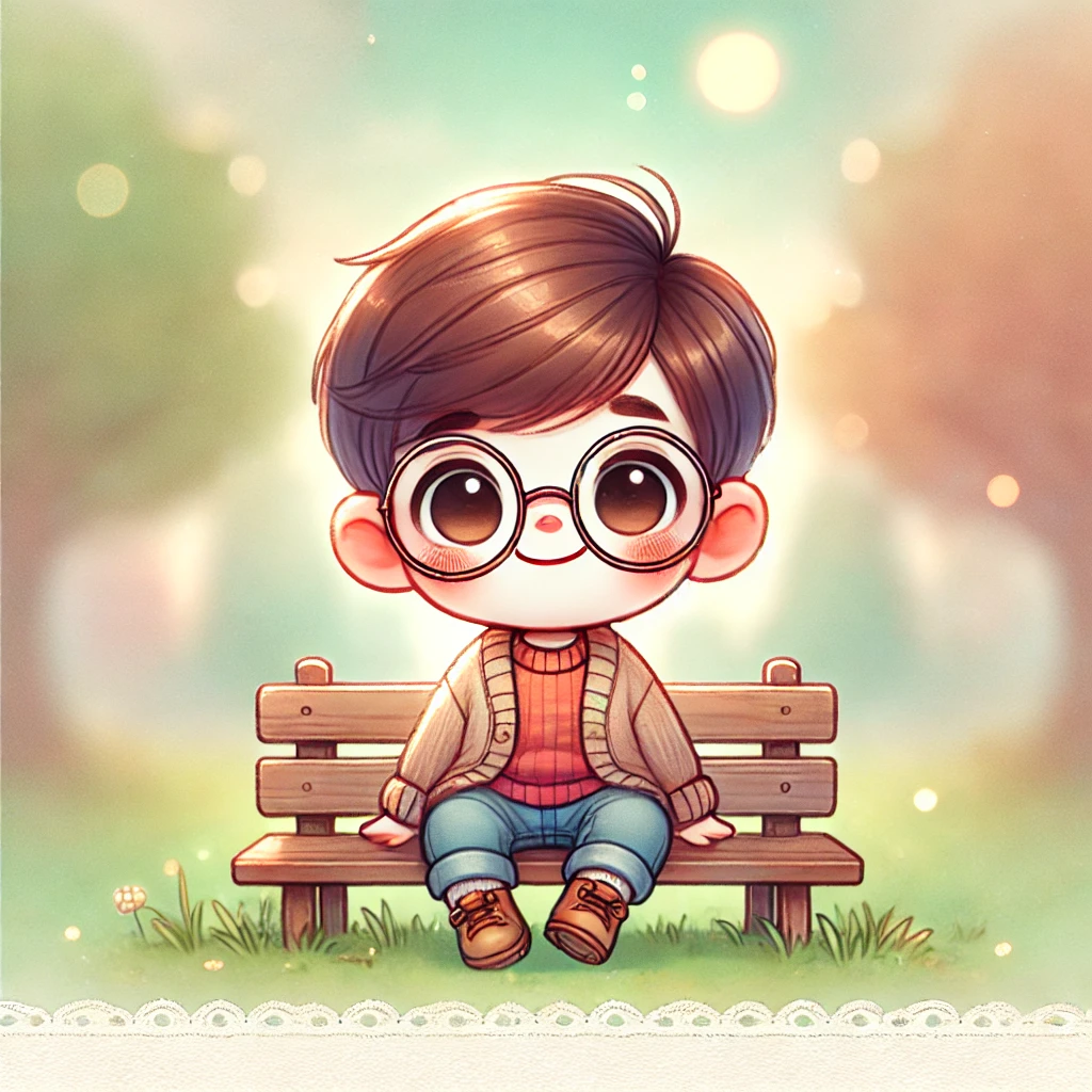 안경을 쓴 남자아이가 벤치에 앉아 웃고 있는 일러스트 그림