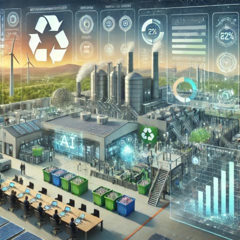 공장에서 폐기물을 재활용하는 모습, 폐플라스틱을 신소재로 전환하는 공정
녹색 산업 단지의 전경, 스마트 팩토리 내 친환경 재활용 시스템
데이터 분석을 통한 재활용 공정 최적화 인포그래픽
정부 및 기업 간 협업 회의 장면