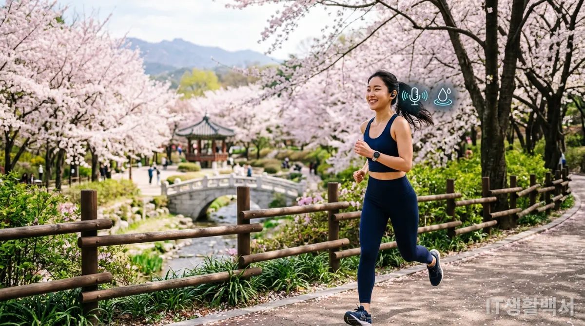 한국 공원에서 운동하며 방수 및 통화 기능이 강조된 무선 이어폰을 사용하는 사람